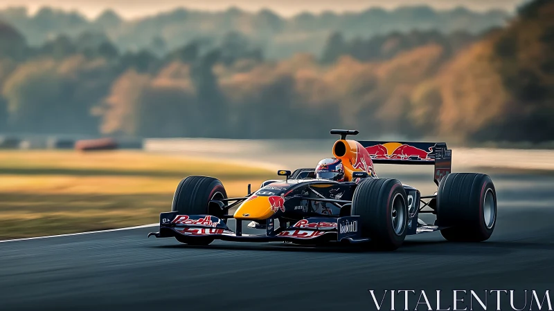 High-downforce Formula race car cornering with motion-blurred background