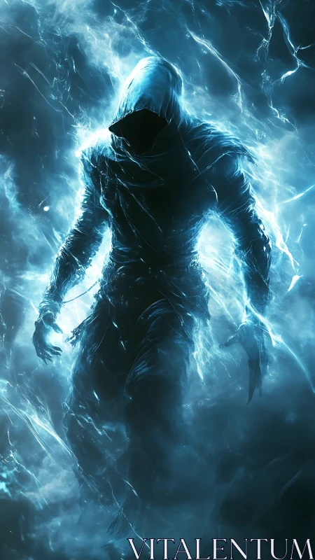 Stormlit hooded spirit strides forward through glowing mist