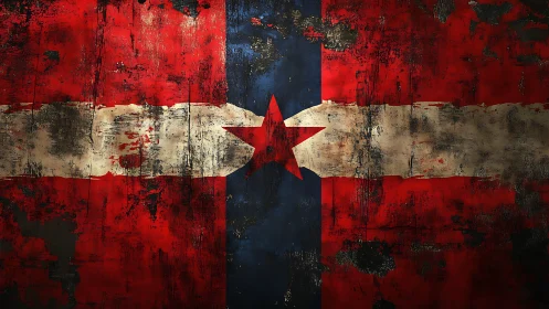 Weathered red star flag stretches across distressed metal