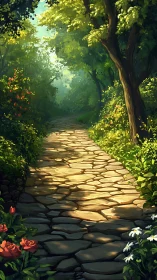 Stone Path Through Lush Forest Garden.