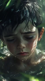 Wet child portrait under dappled forest light, hyperreal detail.
