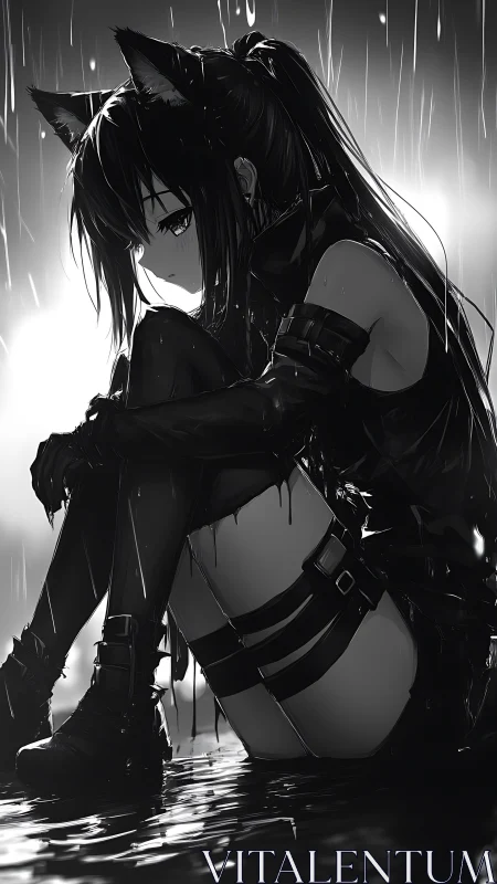 Melancholic cat-eared girl sits in the rain at night.