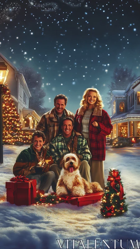 Smiling family pose under snowy Christmas night sky.