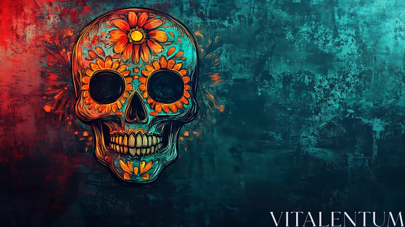 Floral sugar skull glows against textured teal and crimson haze