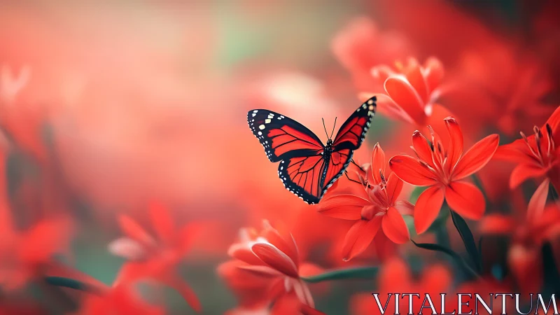 Red butterfly on scarlet flowers in shallow focus garden.