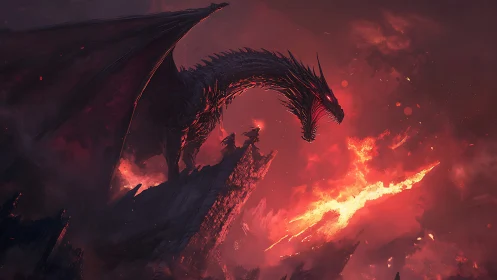 Dragon silhouette over burning volcanic landscape at night.