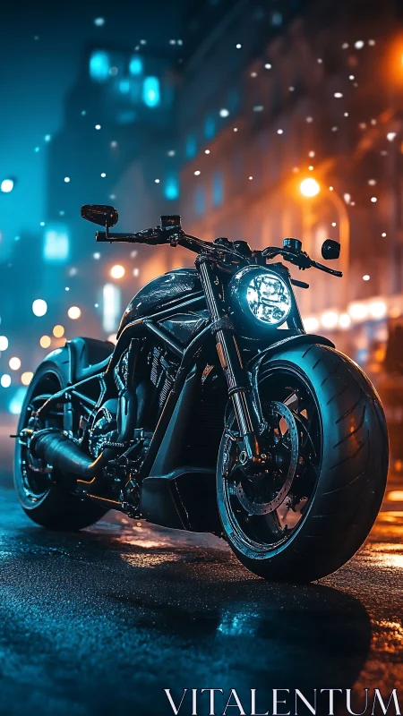 Custom black motorcycle under neon city night rain.