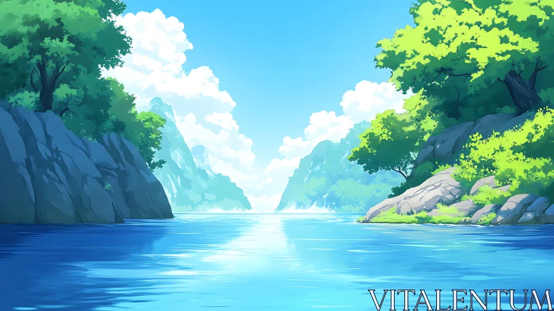 Sunlit river canyon with lush cliffs in serene summer light.