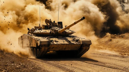 Main battle tank advances through dust on arid terrain