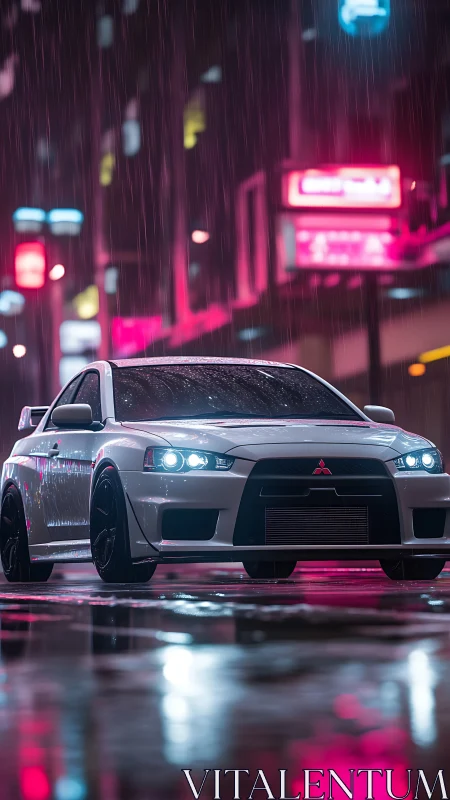 Rain-soaked Lancer Evolution under neon spectral reflections.