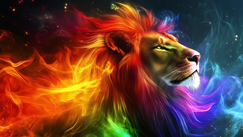 Radiant cosmic lion emerges in swirling rainbow firestorm.