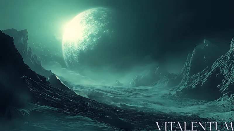 Emerald moonrise above a lonely frozen alien valley.