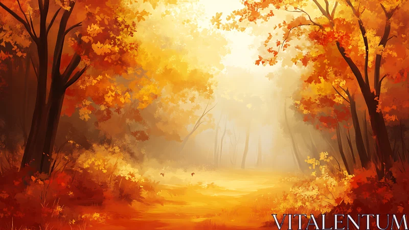 Autumn forest pathway with golden light penetration through canopy