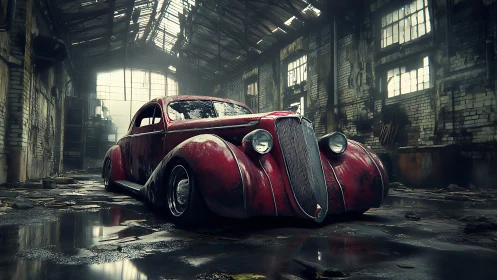 Rust-kissed vintage coupe brooding in a rain-soaked ruin.