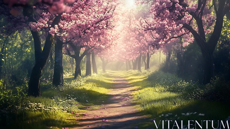 Canopied pathway with blooming tree avenue and sunlight