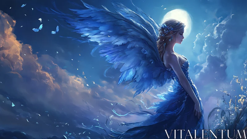 Nocturnal blue-winged seraph under backlit lunar halo.