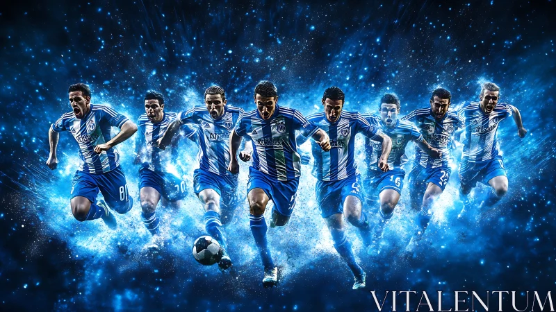 Soccer players sprint through blue particle effects in formation