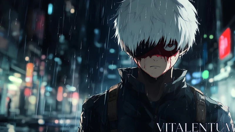 Rain-soaked white-haired figure with blood mask in neon city street