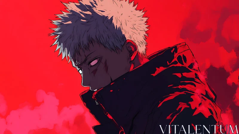 Side-profile anime figure stands against saturated red field