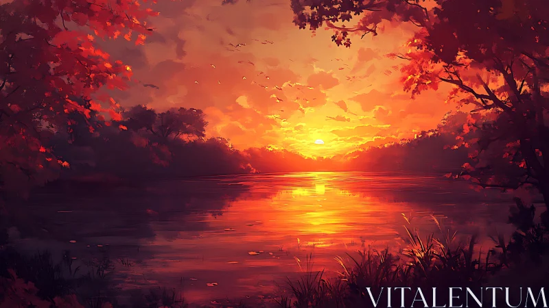 Sunset over forest lake with reflective water surface.