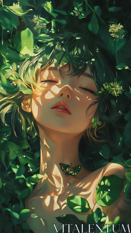 Forest muse rests in sun-dappled leaves and quiet butterflies.