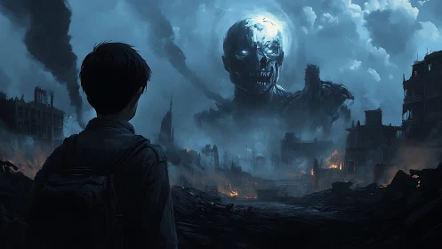 Post-apocalyptic juvenile observer facing colossal necro-cloud titan.