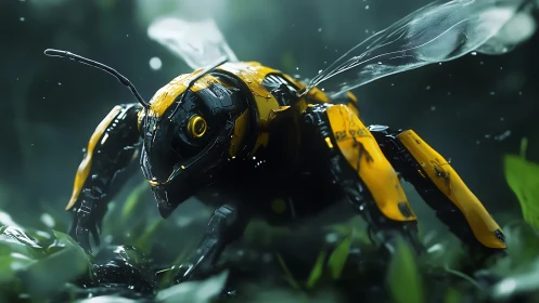 Mechanical bee explores a misty forest floor in vivid detail