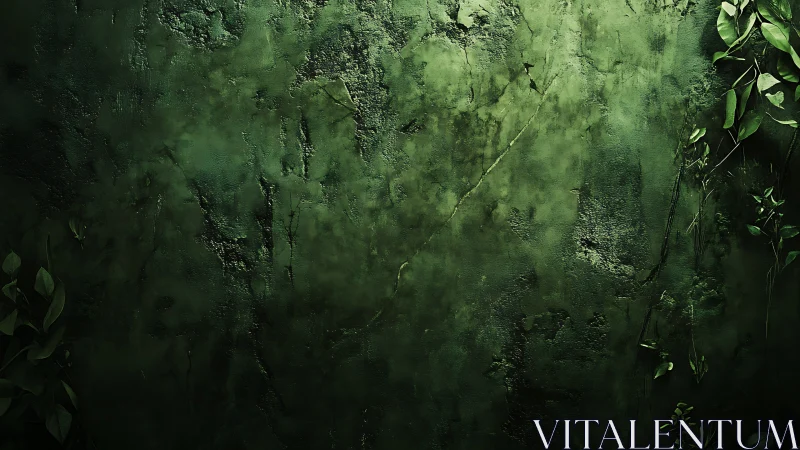 Aged green concrete wall with creeping foliage accents rendered