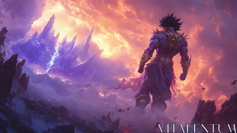 Mythic warrior strides toward storm-lit crystal citadel