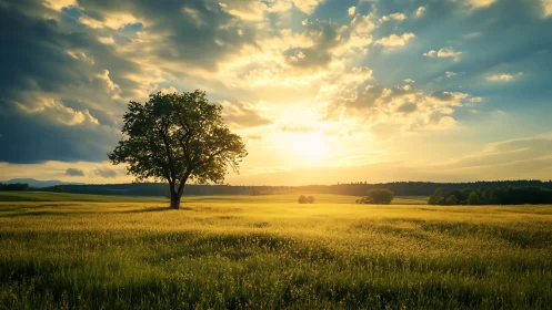 Solitary tree conducts a golden field beneath stormy light
