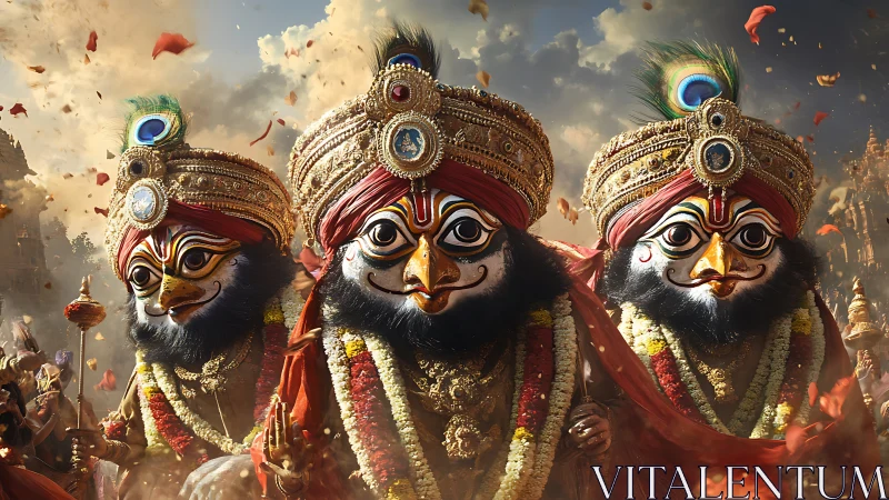 Three ornate festival deities stand in dense ceremonial crowd