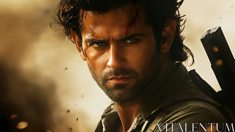 Intense rugged soldier portrait in dusty battle scene.