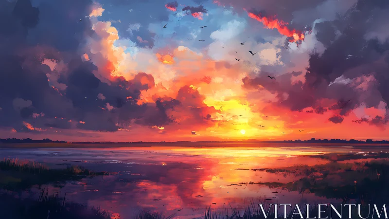 Skyfire over quiet marsh waters at hush-hour sunset glow.