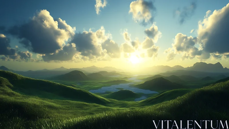 Sunlit hills and rivers unfold beneath glowing morning sky.