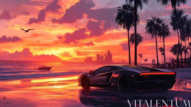 Sleek sports car basking in a glowing tropical beach sunset.