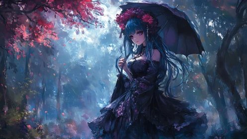 Gothic anime girl with umbrella in misty forest scene.