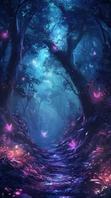 Bioluminescent Forest Path with Glowing Flora.