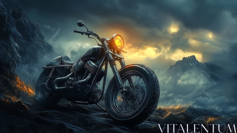 Digital painting of lone motorcycle in storm-lit mountainscape.