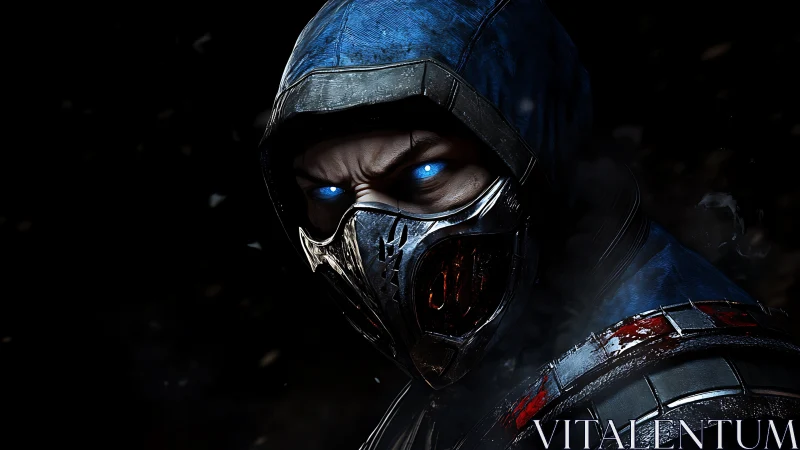 Hooded masked warrior with glowing blue eyes stares forward