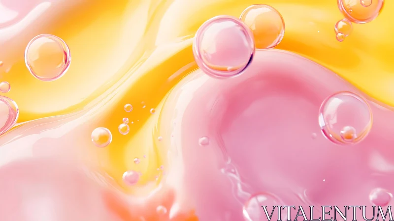 Soft pastel bubbles float across glossy pink and gold waves