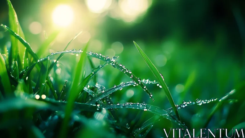 Morning dew sparkles on fresh green grass in soft sunlight