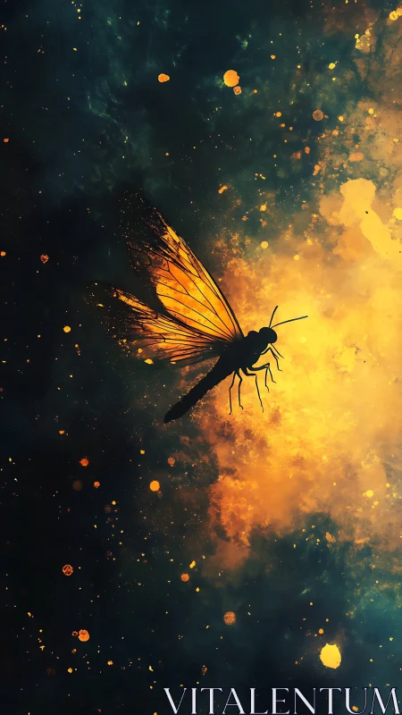 Silhouetted dragonfly ascends through cosmic golden nebula.