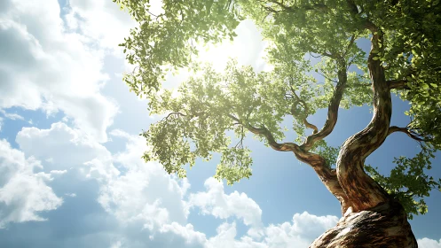 Sunlit tree with twisted trunk against bright blue sky, realistic style.