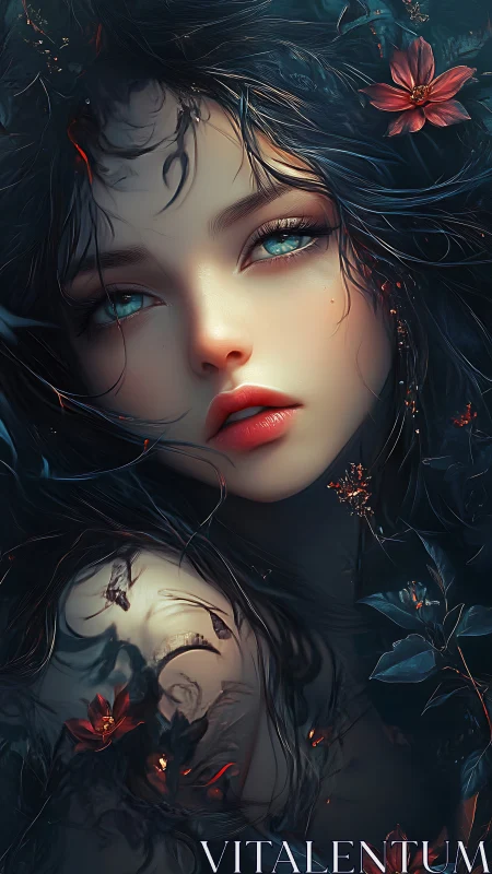 Ethereal floral portrait merges luminous skin and dark foliage