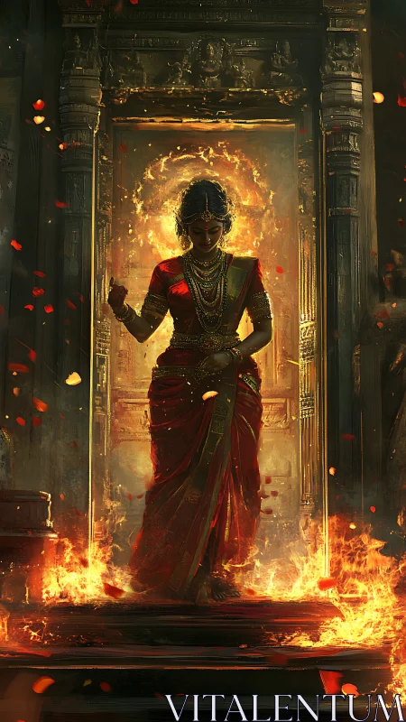 Divine woman in red sari emerging through temple fire.
