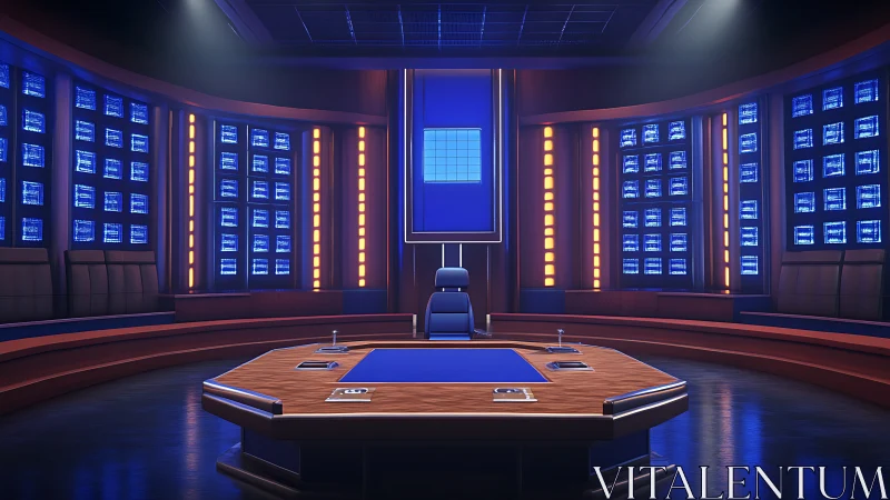 Futuristic control room with central command table and screens.