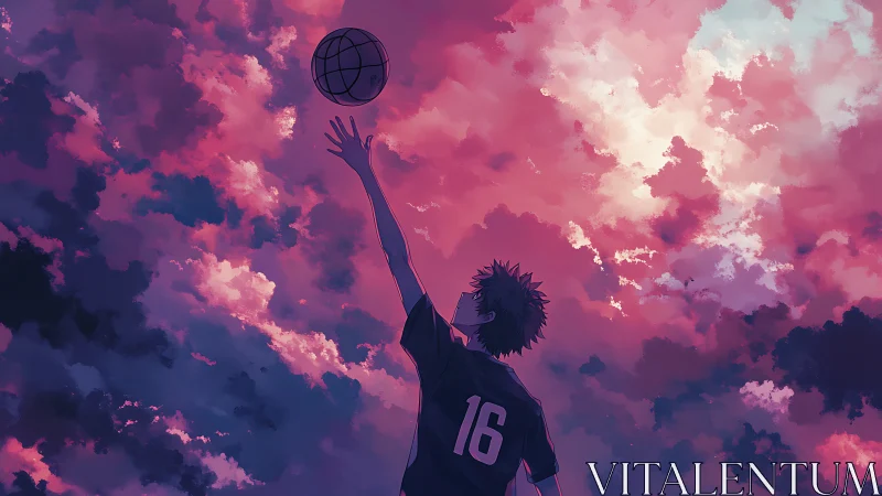 Teen athlete reaches toward basketball under glowing sky