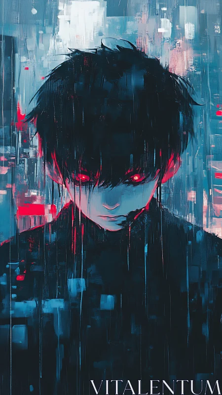 Digital portrait of figure with red eyes in abstract city.