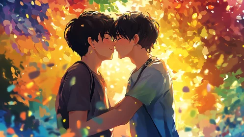 Two boys kiss closely amid vivid bokeh light background