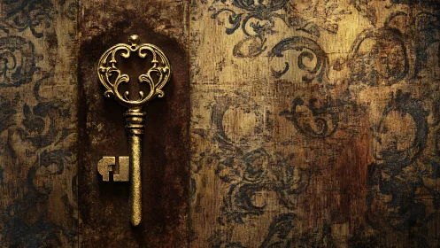 Ornate brass key rests on distressed patterned wooden surface